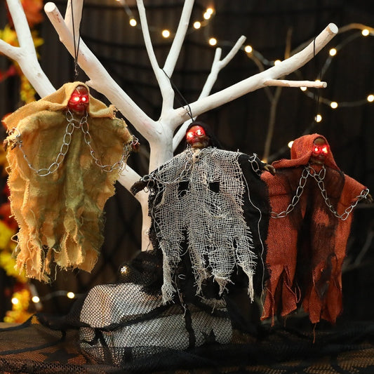 Halloween Hanging Ghost with Iron Chain and Glowing Skull