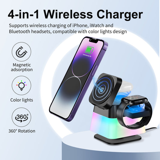 4-in-1 Rotatable Wireless Charger Stand with Colorful Lighting