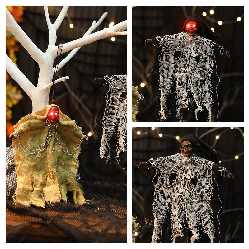 Halloween Hanging Ghost with Iron Chain and Glowing Skull
